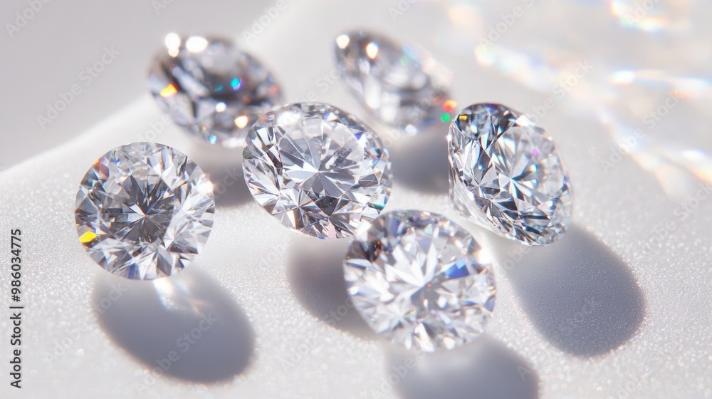 Five sparkling diamonds on a white surface. Five sparkling diamonds on a white surface.