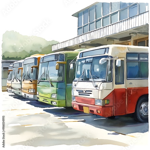 Watercolor Illustration of a Bus Stop with Buses in a Row.