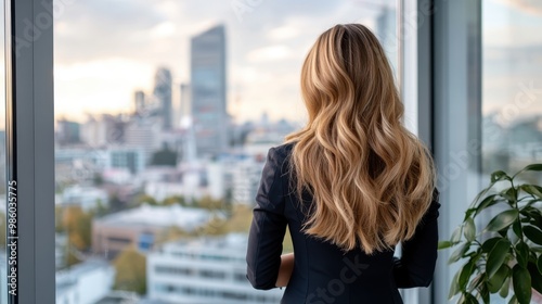 A well-dressed woman with long, wavy hair stands by a large window, admiring the city skyline outside during what appears to be evening, conveying serenity and contemplation.