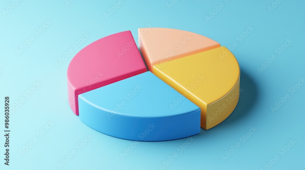 A colorful 3D pie chart divided into four sections, pink, blue, orange, and yellow, on a blue background. A colorful 3D pie chart divided into four sections, pink, blue, orange, and yellow, on a blue background.