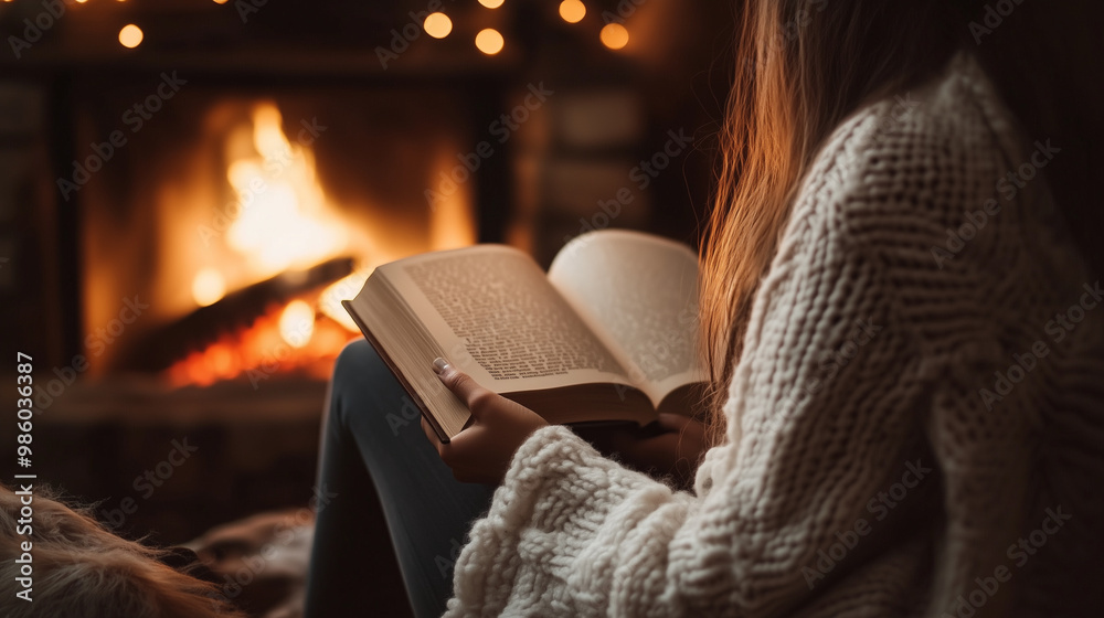 Woman Reading by Fireplace with Cozy Blanket Woman Reading by Fireplace with Cozy Blanket