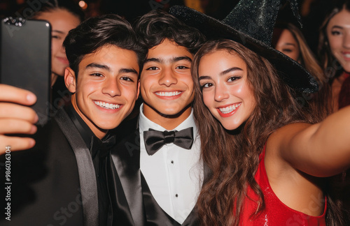 Three people are smiling for the camera, one of them wearing a red hat. Scene is happy and festive, as the people are posing for a photo during Halloween