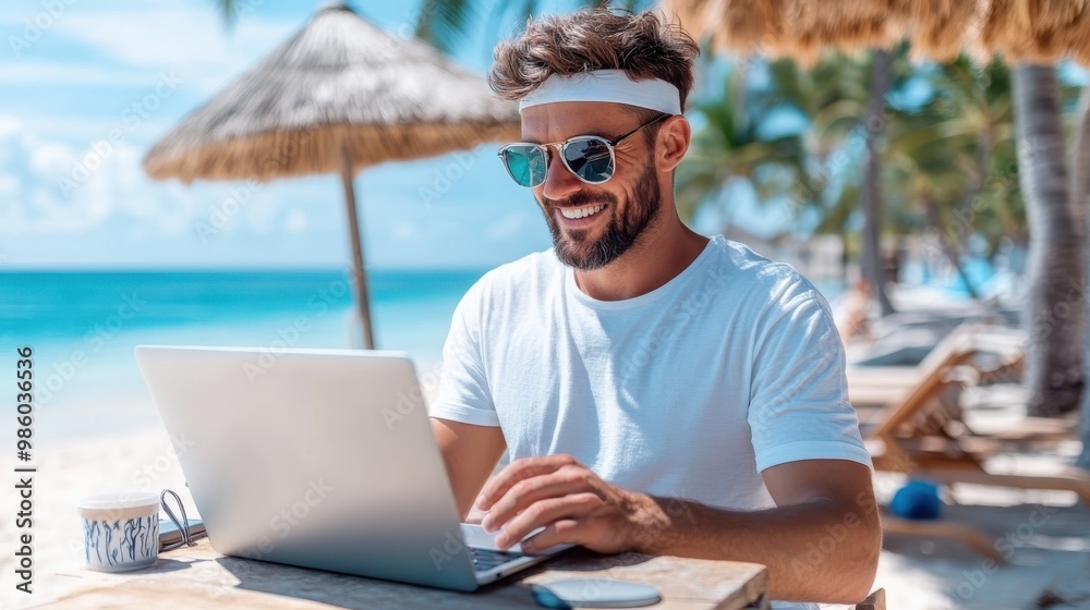 A person casually dressed and typing on a laptop at a tropical beach. The scene captures the essence of modern remote work, blending productivity with leisure in a stunning paradise. A person casually dressed and typing on a laptop at a tropical beach. The scene captures the essence of modern remote work, blending productivity with leisure in a stunning paradise.