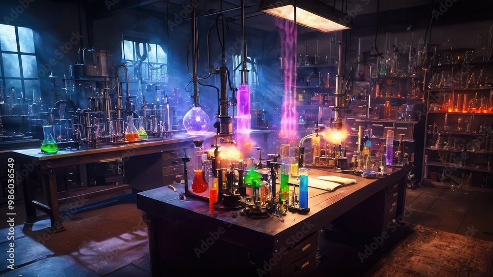 A vibrant chemistry lab with flasks of colorful liquids, glowing under the soft light, surrounded by scientific equipment and glassware, creating a magical, experimental atmosphere A vibrant chemistry lab with flasks of colorful liquids, glowing under the soft light, surrounded by scientific equipment and glassware, creating a magical, experimental atmosphere