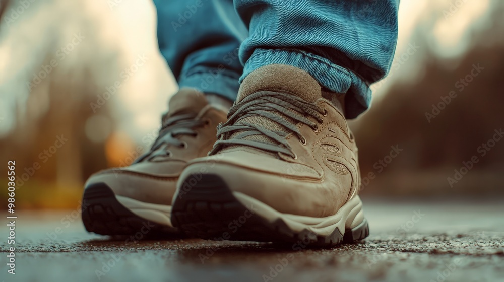 A close-up of feet in supportive shoes, ready for a day of walking and staying active A close-up of feet in supportive shoes, ready for a day of walking and staying active