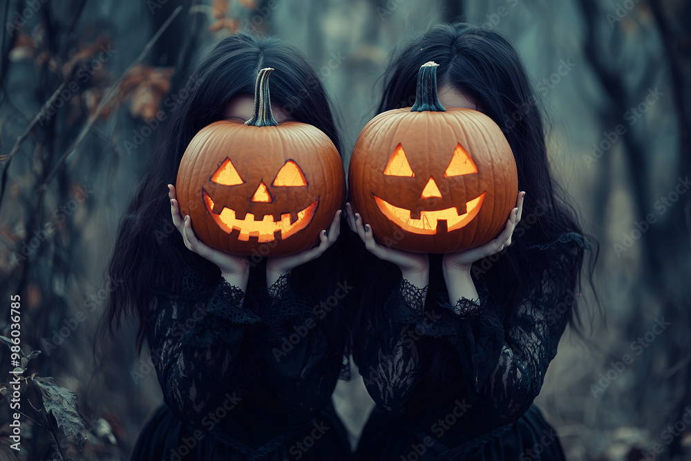 Fototapeta premium Collage of Two Girls in Witch Costumes Covering Faces with Pumpkins