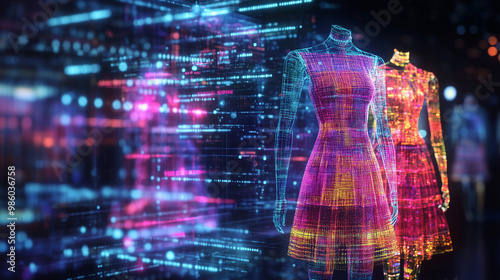 AI-driven fashion design system predicting upcoming trends, utilizing advanced algorithms and data analysis to forecast styles, colors, and patterns that will dominate future seasons. The scene emphas