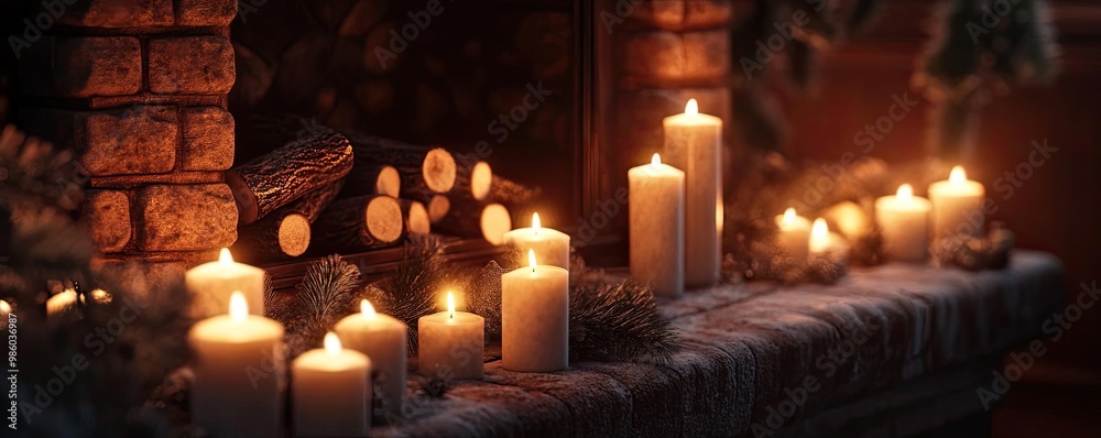 A serene arrangement of glowing candles on a rustic mantle, creating a warm and inviting atmosphere perfect for relaxation. A serene arrangement of glowing candles on a rustic mantle, creating a warm and inviting atmosphere perfect for relaxation.