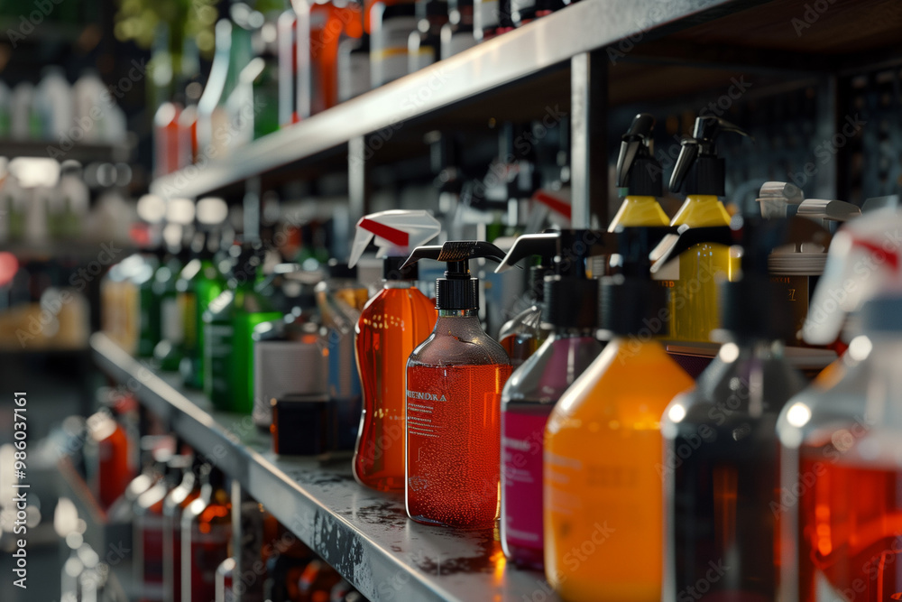 Fototapeta premium Industrial Cleaning Products on Steel Shelf