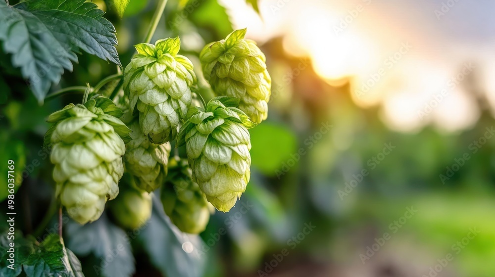 This image showcases a cluster of green hops growing on a vine, bathed in sunlight, often used in brewing for their bitter and aromatic qualities to flavor beer. This image showcases a cluster of green hops growing on a vine, bathed in sunlight, often used in brewing for their bitter and aromatic qualities to flavor beer.