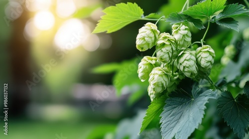 This photograph captures the vibrancy of hops growing in a lush green outdoor garden, emphasizing the natural beauty and importance of this ingredient in brewing. photo