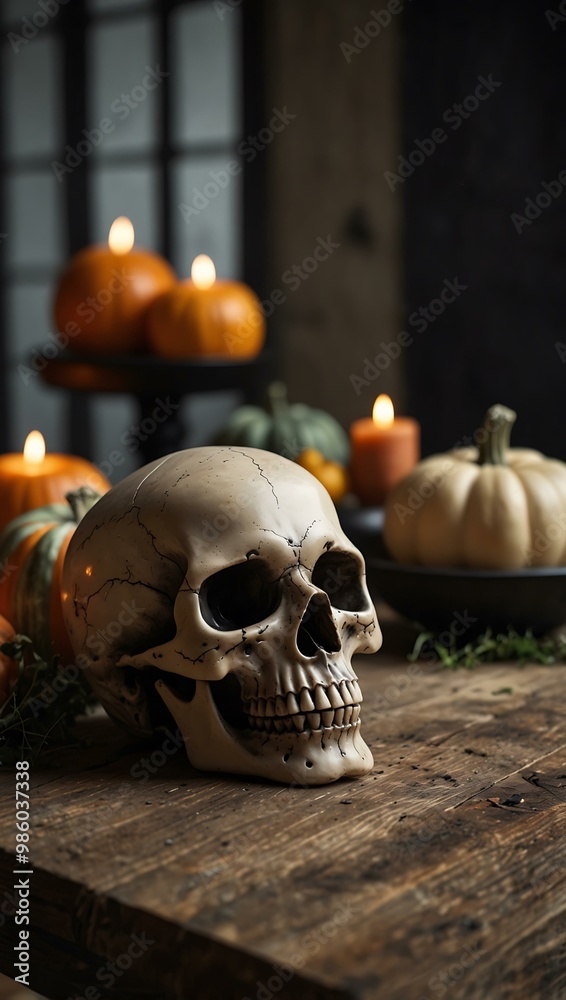 Scary Halloween table with a skull and pumpkin for themed events. Scary Halloween table with a skull and pumpkin for themed events.