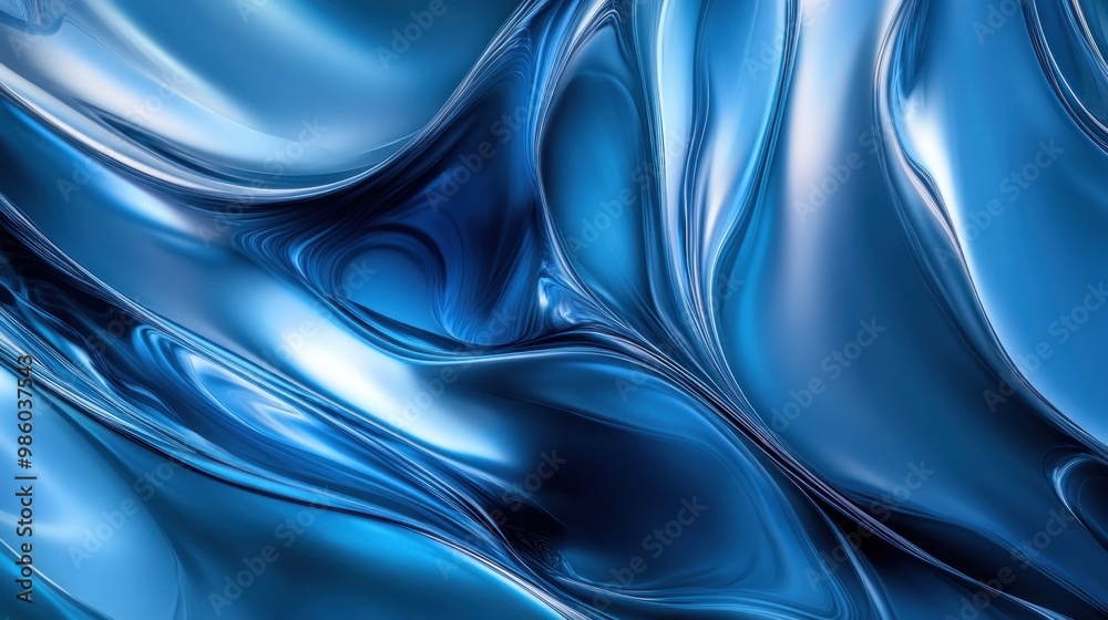 Fototapeta premium Abstract blue waves with a glossy texture, creating a fluid and dynamic visual effect.