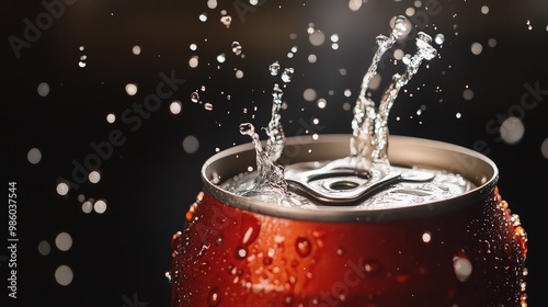 A close-up of a soda can being opened, with the sound of carbonation releasing and bubbles rising photo