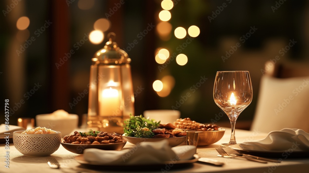 A beautifully arranged dinner table with various dishes, a candle-lit lantern, and a wine glass, creating a warm and inviting ambiance for an evening meal. A beautifully arranged dinner table with various dishes, a candle-lit lantern, and a wine glass, creating a warm and inviting ambiance for an evening meal.