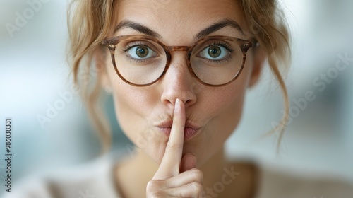 A smart, thoughtful woman wearing glasses, brings her finger to her lips for a quiet gesture. Her eyes show curiosity, wearing a beige sweater indoors. photo