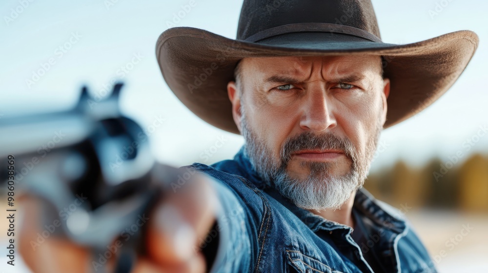 A rugged cowboy with a focused stare aims his revolver forward. Wearing a cowboy hat and denim attire, he displays determination in an intense backdrop scene.