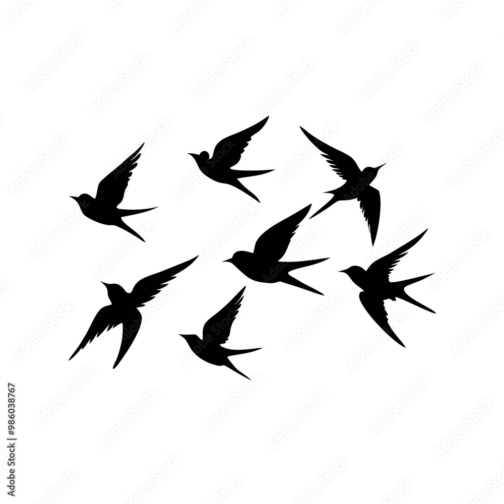 a group of nine birds flying in a random pattern. The birds are black and are silhouetted against a white background a group of nine birds flying in a random pattern. The birds are black and are silhouetted against a white background