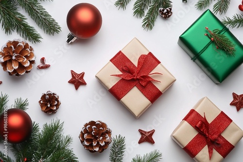 Flat lay composition with gift boxes and Christmas decor on white background