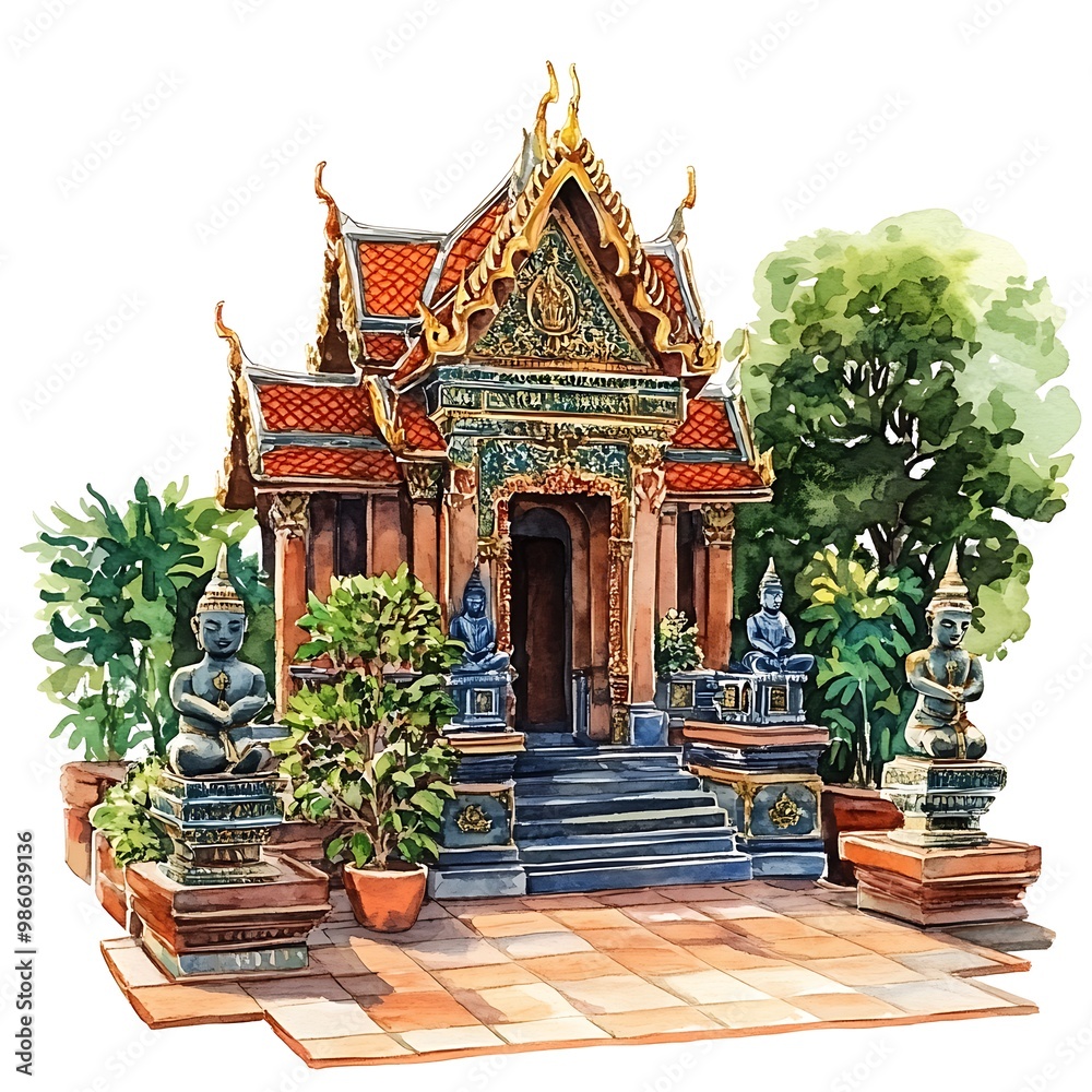 Fototapeta premium Watercolor painting of a traditional Thai temple with Buddha statues and lush greenery.