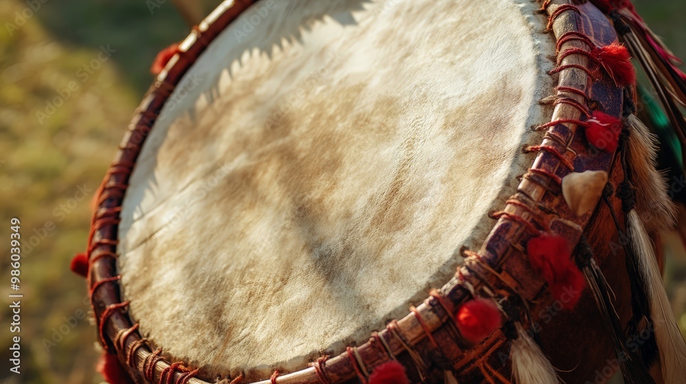 Naklejka premium A close-up of a traditional drum used to signal the start of an Indigenous sports event