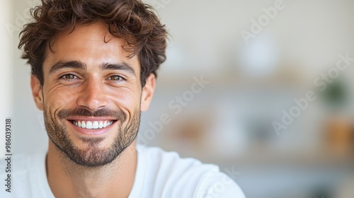 A young man with curly hair smiles invitingly in an urban apartment. His setting is stylish and modern, reflecting his vibrant and cheerful lifestyle. photo