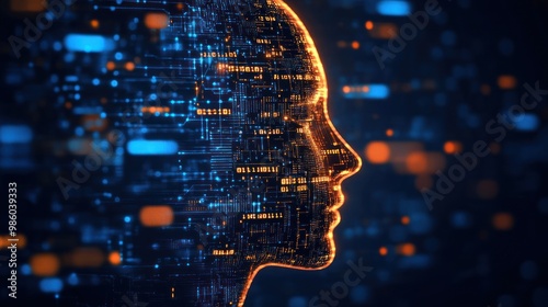 Digital human face made of glowing circuit board lines and binary code.