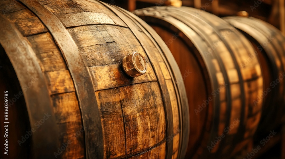 A close-up of a whiskey barrel aging in a cellar, symbolizing tradition and craftsmanship A close-up of a whiskey barrel aging in a cellar, symbolizing tradition and craftsmanship