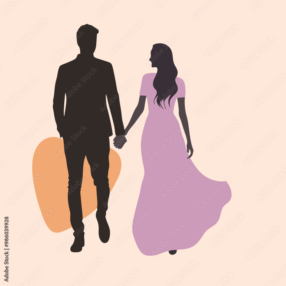 a man and a woman walking hand in hand. The man is on the left side of the image and the woman is in the center. vector silhouette isolated white background a man and a woman walking hand in hand. The man is on the left side of the image and the woman is in the center. vector silhouette isolated white background
