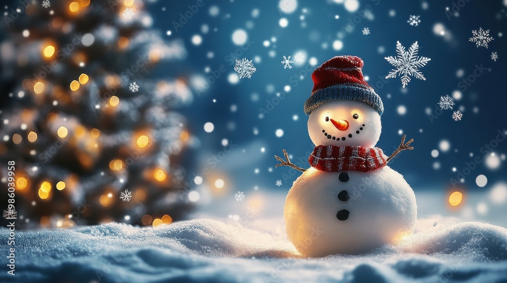 A snowman at night, illuminated by holiday lights, with a glowing Christmas tree nearby and snowflakes gently falling from the sky A snowman at night, illuminated by holiday lights, with a glowing Christmas tree nearby and snowflakes gently falling from the sky