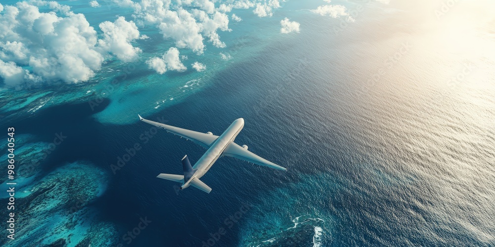 Fototapeta premium Airplane Flying Over Ocean in Realistic Scene