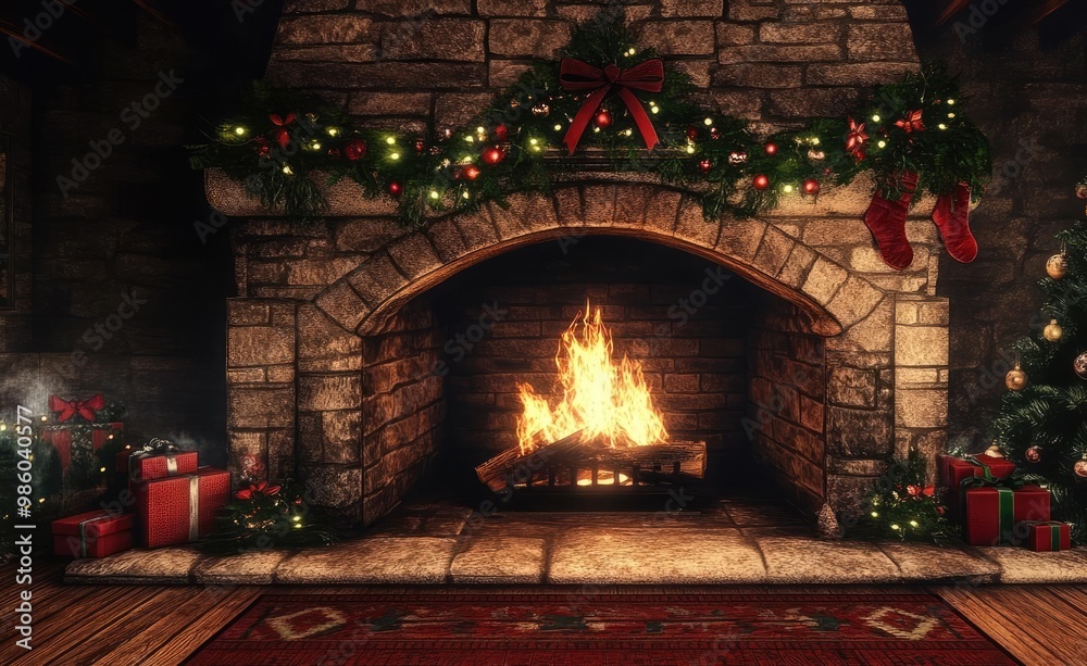 Cozy fireplace adorned with holiday decorations, glowing warmly beside a beautifully decorated Christmas tree.