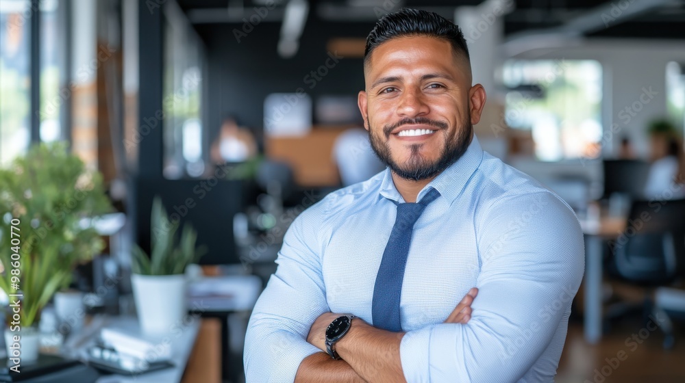 A cheerful man grins in a crisp white shirt, arms folded, in a modern office backdrop, embodying confidence, positivity, and warmth in a corporate setting. A cheerful man grins in a crisp white shirt, arms folded, in a modern office backdrop, embodying confidence, positivity, and warmth in a corporate setting.