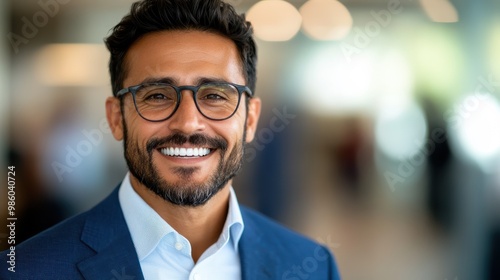 A sophisticated man with glasses and a beard dons a stylish suit, sharing a warm smile in a soft-focus office background, exuding charm and wisdom.