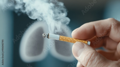 This evocative image illustrates a hand holding a lit cigarette with a blurred background of smoky lungs, emphasizing the link between smoking and lung health deterioration and diseases.