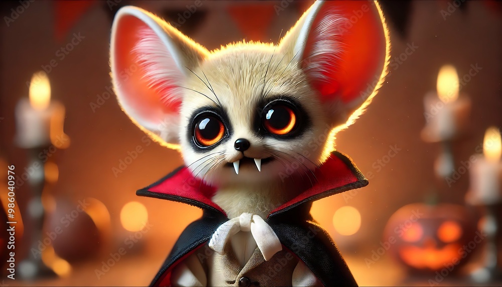 Adorable fennec fox dressed as a vampire for Halloween with glowing eyes, sharp fangs, and spooky candlelit background
Adorable fennec fox dressed as a vampire for Halloween with glowing eyes, sharp fangs, and spooky candlelit background
