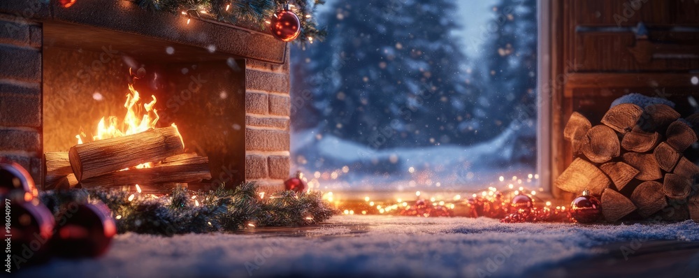 Obraz premium Warm fireplace scene with twinkling lights, snow outside, perfect for holiday cheer and cozy winter atmospheres.
