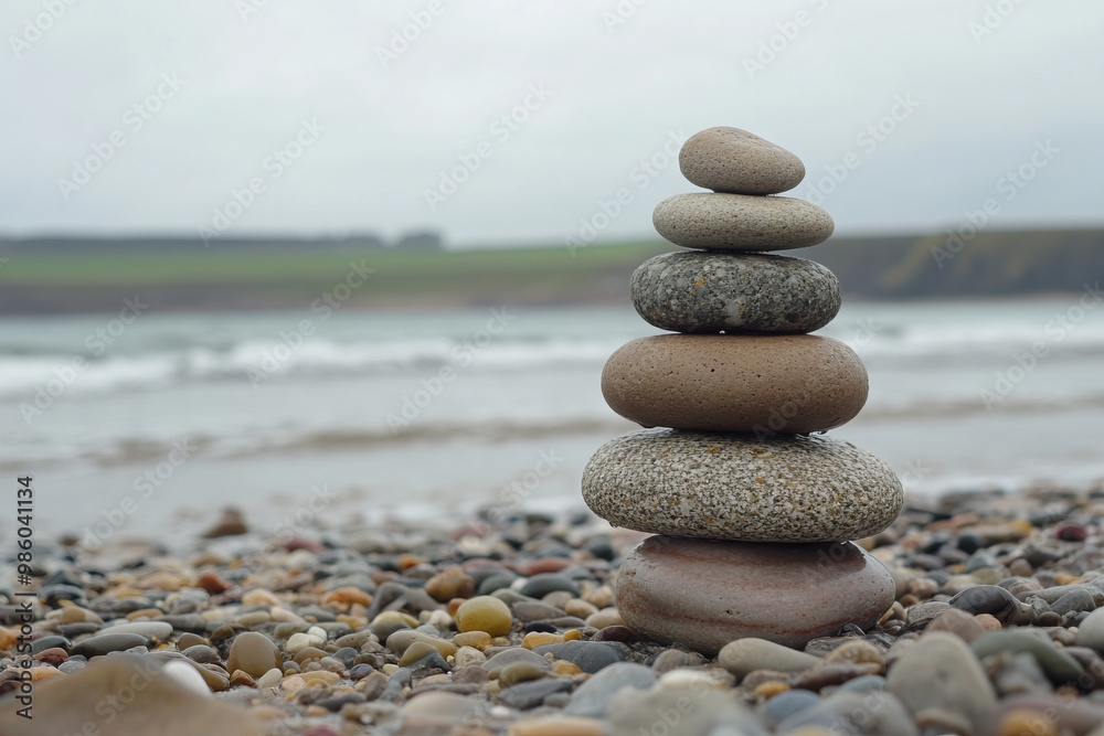 Stacked Stones on Beach with Sea in Background, AI generated illustration Stacked Stones on Beach with Sea in Background, AI generated illustration