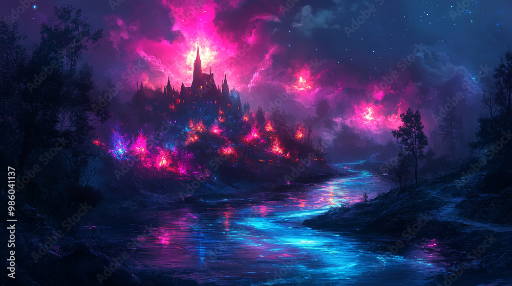 Fototapeta premium vibrant fantasy world where rivers flow with neon colors, surrounded by mystical landscape. glowing castle and colorful reflections create enchanting atmosphere
