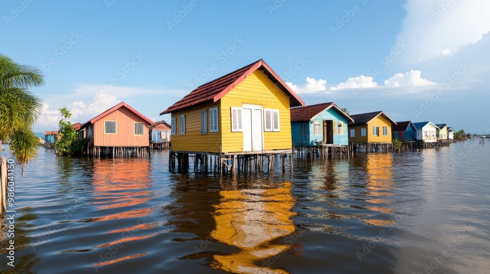 Colorful stilt houses reflected on calm water with a background of clear blue sky and palm trees, capturing a serene and picturesque setting of a floating village. Colorful stilt houses reflected on calm water with a background of clear blue sky and palm trees, capturing a serene and picturesque setting of a floating village.