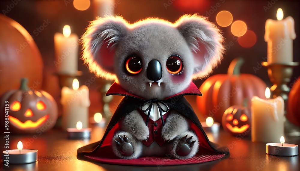 Adorable koala dressed as a vampire for Halloween, surrounded by candles and pumpkins in a spooky festive setting
Adorable koala dressed as a vampire for Halloween, surrounded by candles and pumpkins in a spooky festive setting