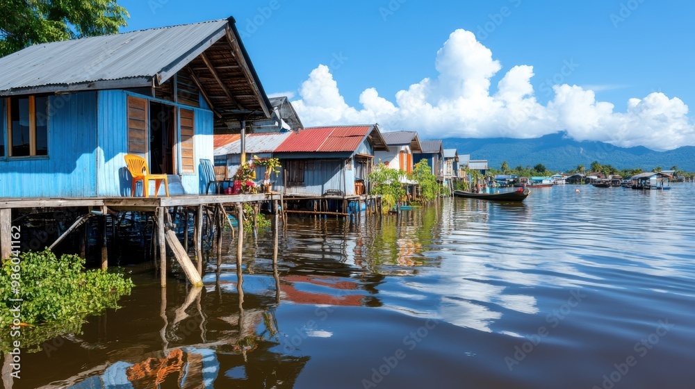 Picturesque waterfront stilt homes in a peaceful village setting with reflections in the calm water, highlighting a tranquil and harmonious way of living amidst nature. Picturesque waterfront stilt homes in a peaceful village setting with reflections in the calm water, highlighting a tranquil and harmonious way of living amidst nature.