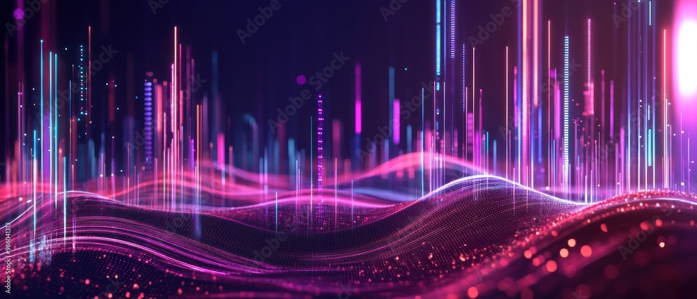Abstract digital landscape with glowing lines and particles in vibrant colors. Abstract digital landscape with glowing lines and particles in vibrant colors.