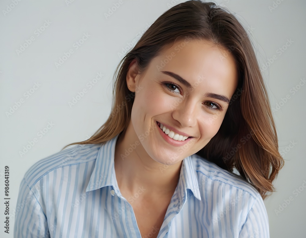 Portrait of happy young woman wearing shirt. Close-up. Beautiful smile.