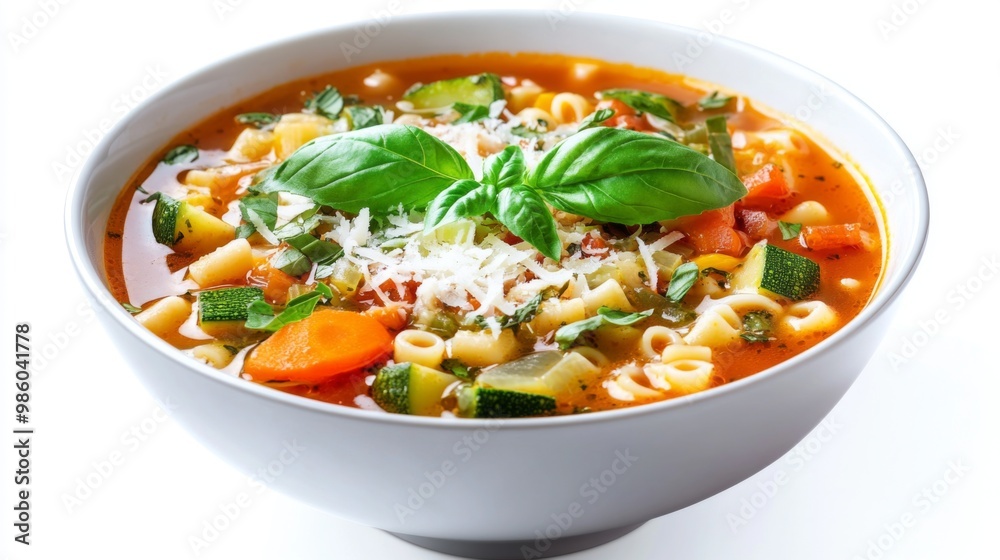 A bowl of Italian minestrone soup filled with vegetables and pasta, garnished with fresh basil and Parmesan, served on a white background for a clean presentation. A bowl of Italian minestrone soup filled with vegetables and pasta, garnished with fresh basil and Parmesan, served on a white background for a clean presentation.