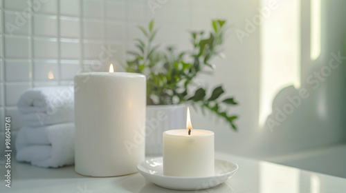 Glass candle jar and white pillar candles on a table in a modern bathroom with tiles, blurred background.