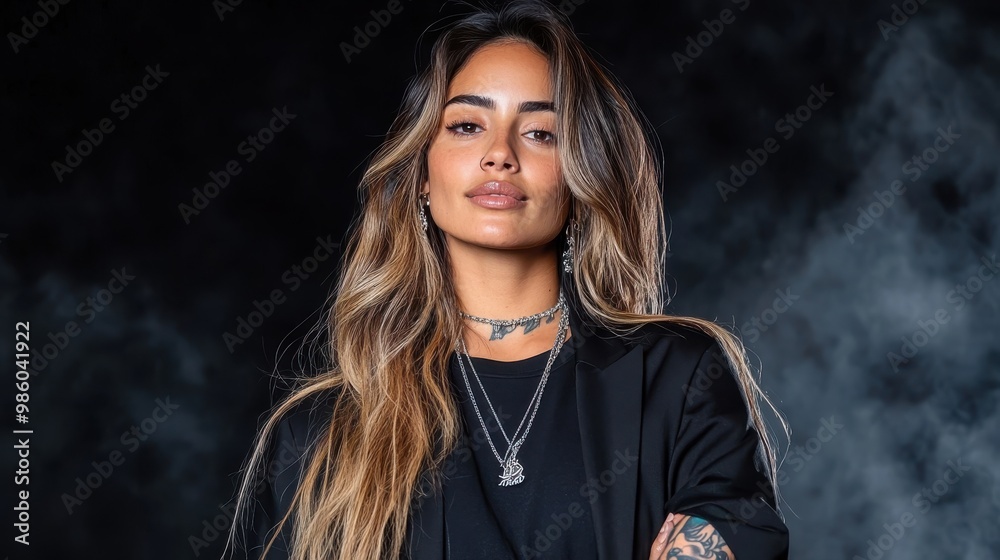 A confident woman wearing a stylish black outfit stands against a dreamy dark backdrop. She exhibits an aura of elegance and self-assuredness, commanding attention naturally. A confident woman wearing a stylish black outfit stands against a dreamy dark backdrop. She exhibits an aura of elegance and self-assuredness, commanding attention naturally.