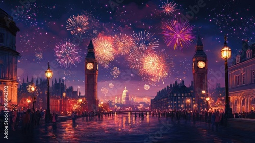 Fireworks explode over the city as people celebrate in the street, with the famous clock tower in the distance.