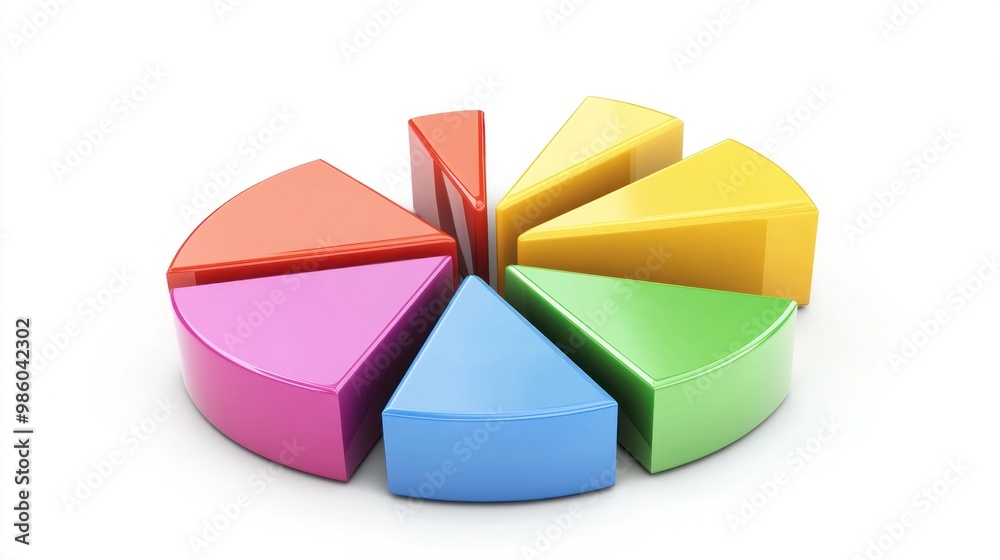Fototapeta premium Colorful 3D pie chart divided into six sections.