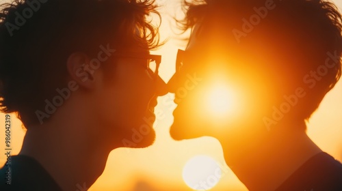 An artistic image capturing a couple sharing a kiss at sunset, their silhouettes framed against the bright and dramatic setting of the sun, creating a romantic atmosphere.